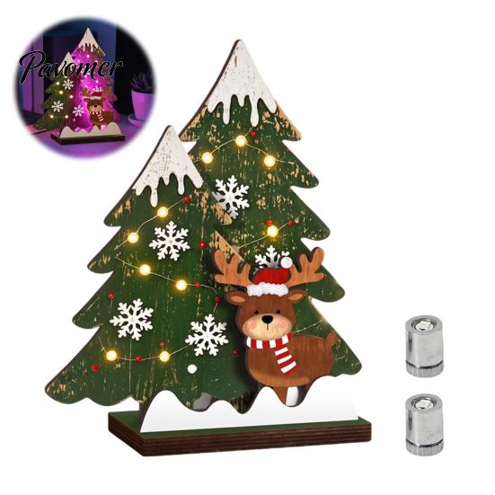 Mini Christmas Tree Wooden Table Decor with LED Light, Rustic Standing Sign Exquisite Wood Craft Reindeer Santa Claus for Holiday Tiered Tray,