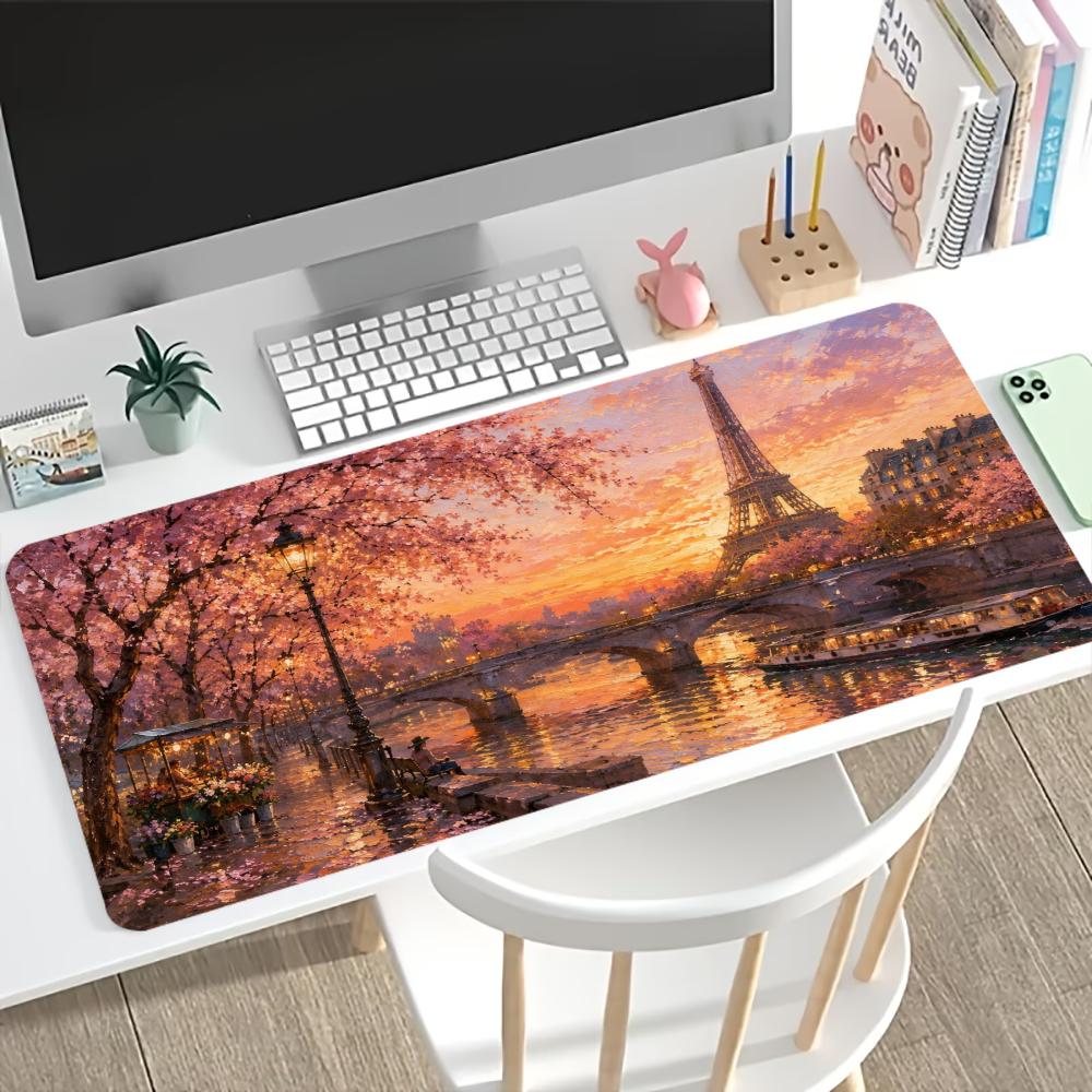 Large Gaming Mousepad Eiffel Tower Cherry Blossom Hd Print NonSlip Rubber Lock Edge Desk Mat For Pc Laptop Office Desktop Decor