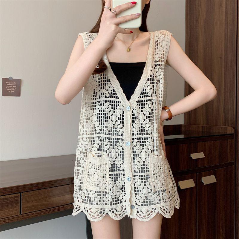 K-style Plus Size Women's Clothing Spring/Summer V-neck Single Breasted Knitting Cut Out Crocheted Vest Casual Outdoor Vest Waistcoat Fashion