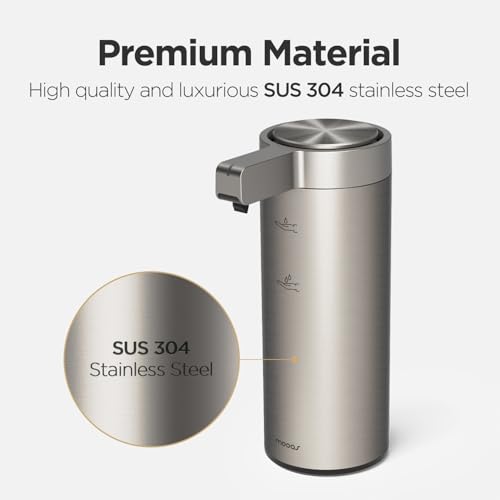 Mooas Automatic Liquid Soap Dispenser, Stainless Steel, Touchless Hand Soap Dispenser with 2 Adjustable Levels, IPX5 Waterproof, Motion Sensor, Dish D