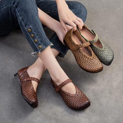 Bombas Retro Cuero Genuino Suela Suave Gancho y Lazo Cómodos Zapatos de Mujer Versátiles