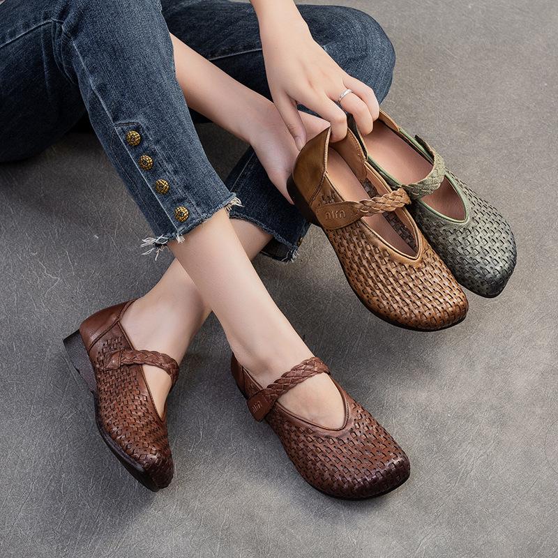 Johnature Bombas Retro Cuero Genuino Suela Suave Gancho y Lazo Cómodos Zapatos de Mujer Versátiles