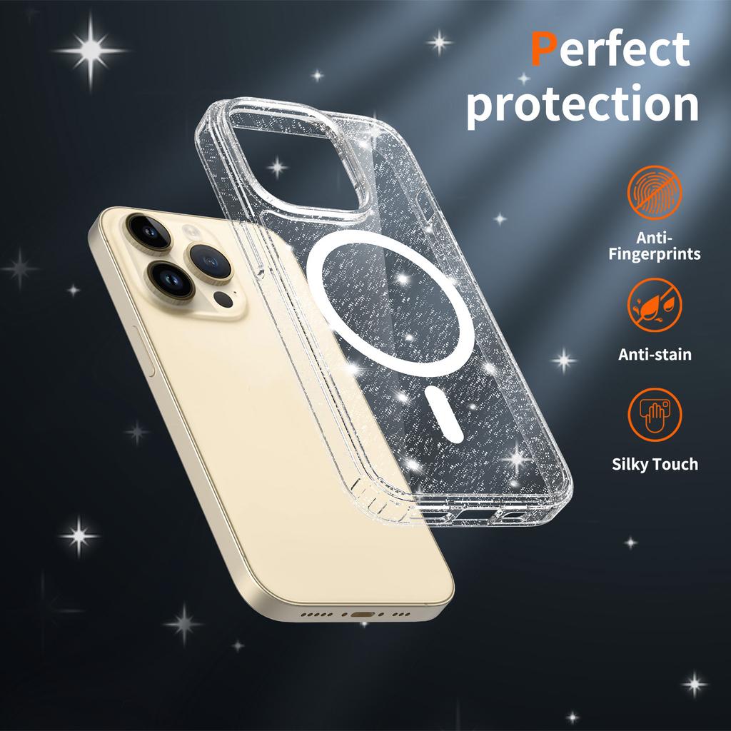 Anti-Yellowing Mag Safe Phone Cover for Magsafe Iphone 17 Pro Max Air 17Pro Iphone17 16 Plus 16E 15 14 Pro 13 Pro Clear Glitter Case