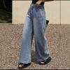 Womens High-Waisted Wide-Leg Straight Jeans Loose Fit Distressed Washed Denim Pants Long Trousers