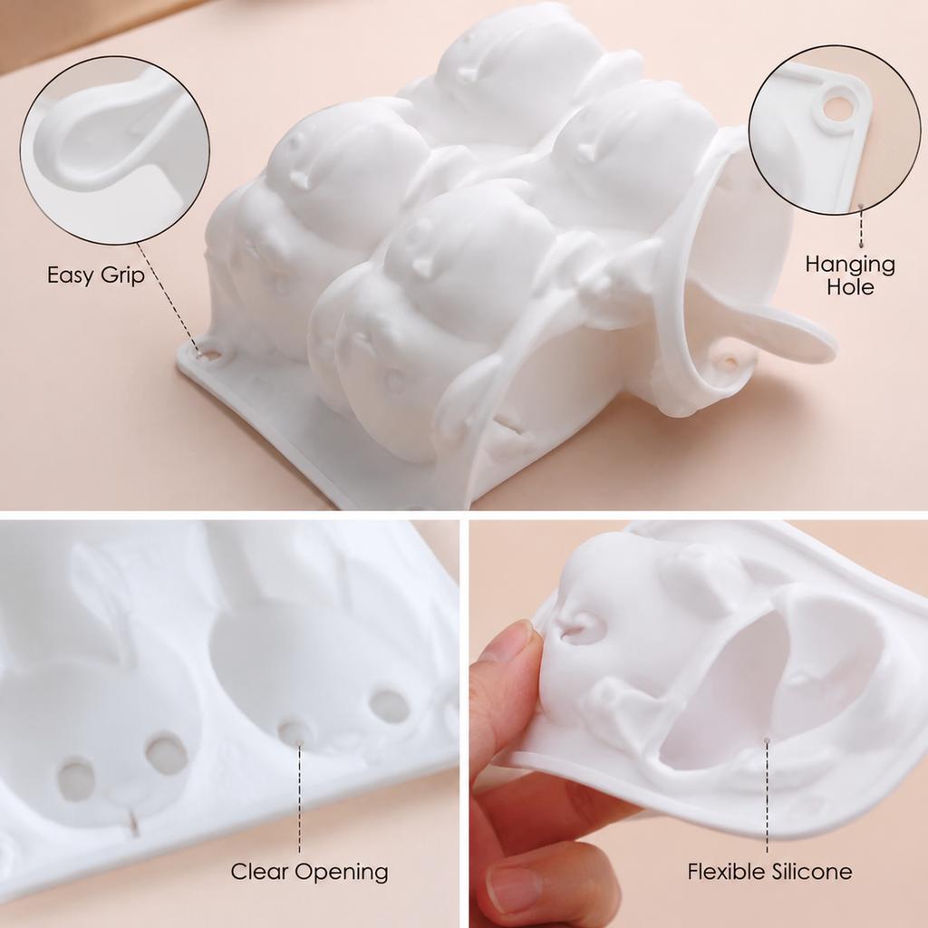 Stampo in Silicone a Forma di Coniglio 6 Cavità 3D Bianco Flessibile Formina per Dessert per Mousse Gelatina Budino Mini Torte e Dolcetti Carini da Forno Casalingo