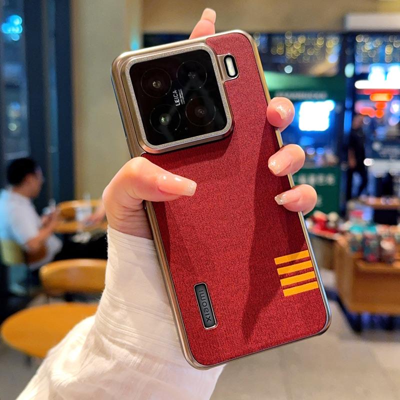 

For Xiaomi 15 14 Pro Case Retro Soft Touch Fabric Raised Metal Frame Camera Lens Protection Plating Silver Cover Contrast Color PC&Xiaomi 14