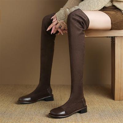 FOREADA Damen Oberschenkelhohe Lange Stiefel Runde Zehenpartie Blockabsatz Gogo Stiefel Prägnante Damenmode Schuhe Winter Schwarz Braun 43