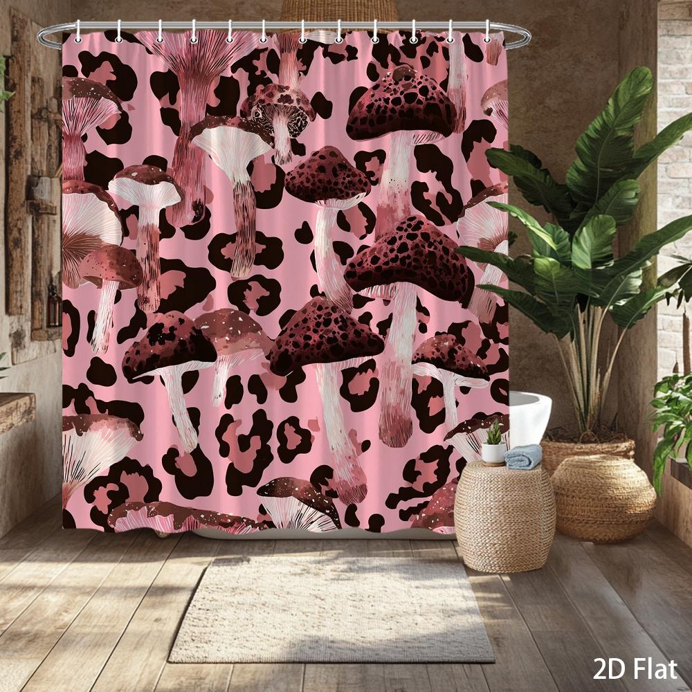 Leopard Mushroom Shower Curtain – Pink & Brown Fungi With Spotted Pattern, Whimsical Nature Art, Polyester, Includes Hooks