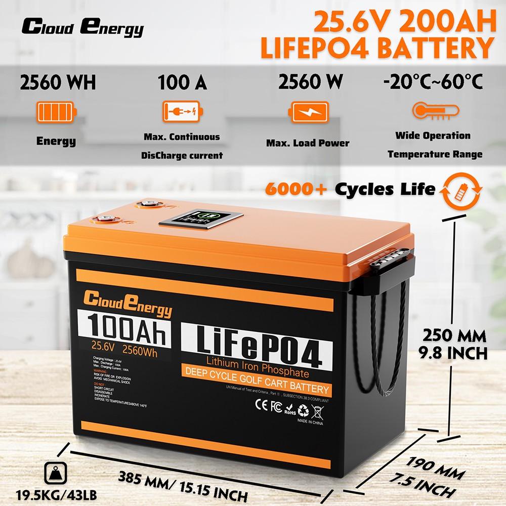 Cloudenergy 24V 100Ah LiFePO4 Battery Pack Backup Power, 2560Wh Energy, 6000+ Cycles, Built-in 100A BMS