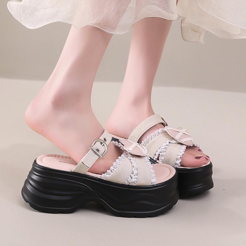 Modne 7,5CM Letnie Damskie Kapcie Damskie Plażowe Japonki Grube Jeansowe Buty Koturny Obcasy Zewnętrzne Sandały Kobieta Wysokie Platformy Kapcie