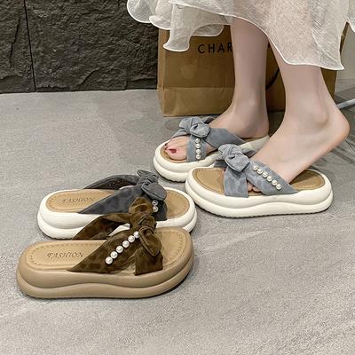 French Style with Skirt Cool Slippers Women's Summer Wear 2025 New Pearl Pleated Thick-soled Roman Half Slippers