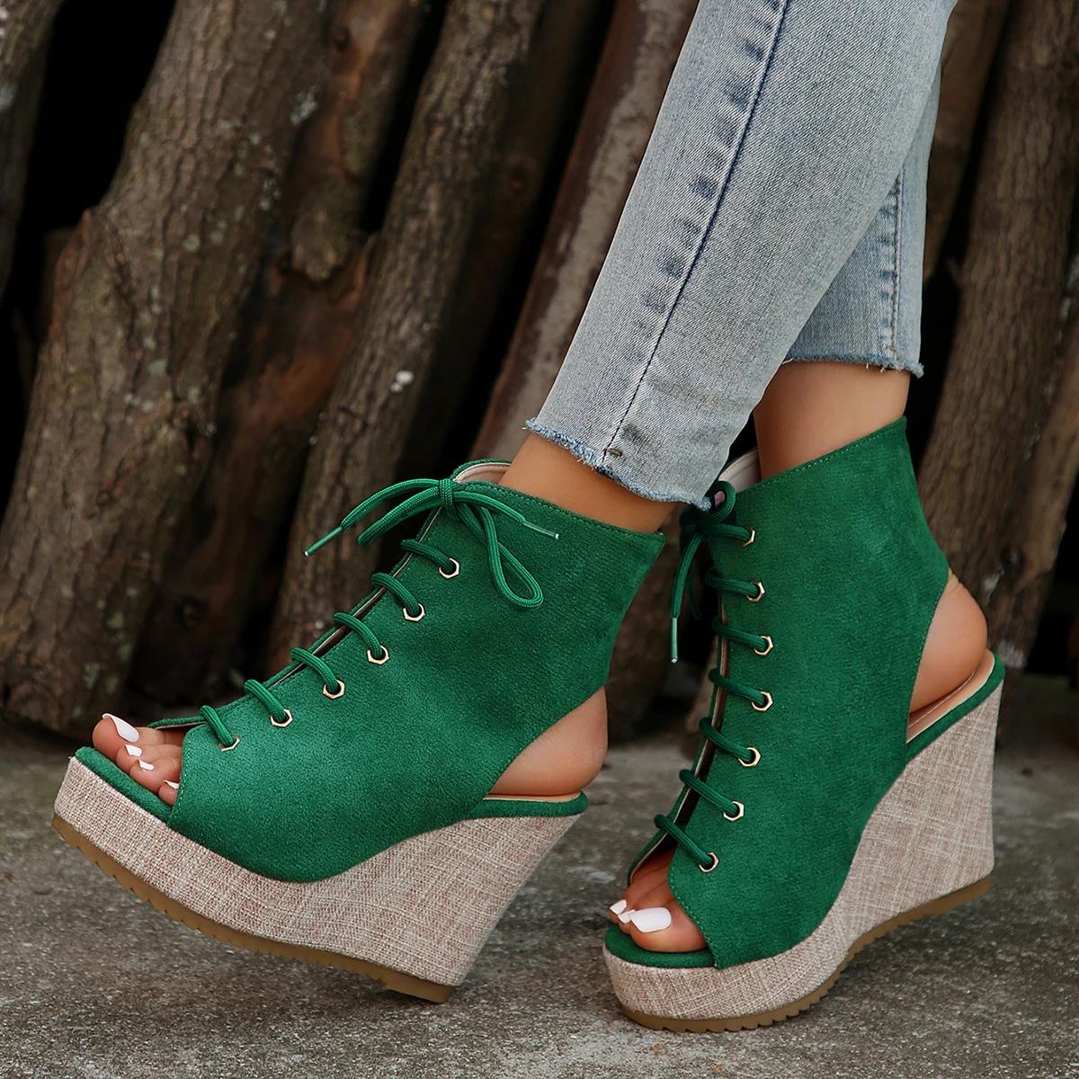 

Women s Sandals 2026 Summer Slope Heel Strap Open Toed Fish Mouth Sandals New Outdoor Casual Roman Women s High Heel Sandals 35 зелёный
