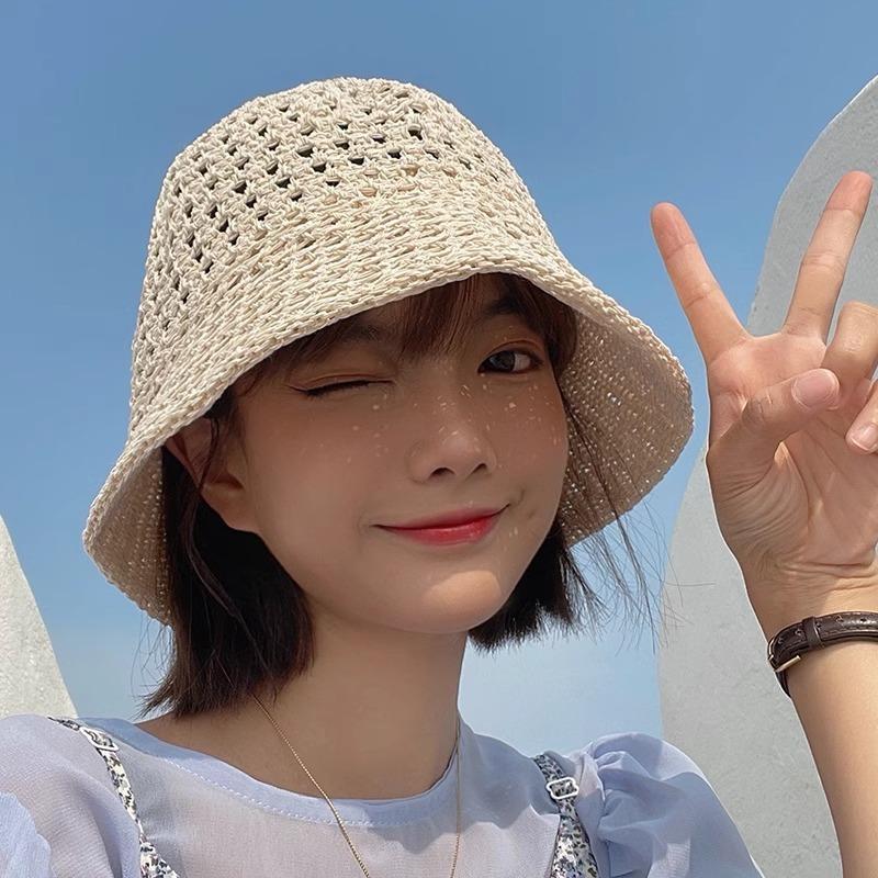 Summer Hollow Bucket Hat Women's Breathable Hat Thin Anti-ultraviolet Sun Hat Fashion Basin Hat Bucket Advanced Sense