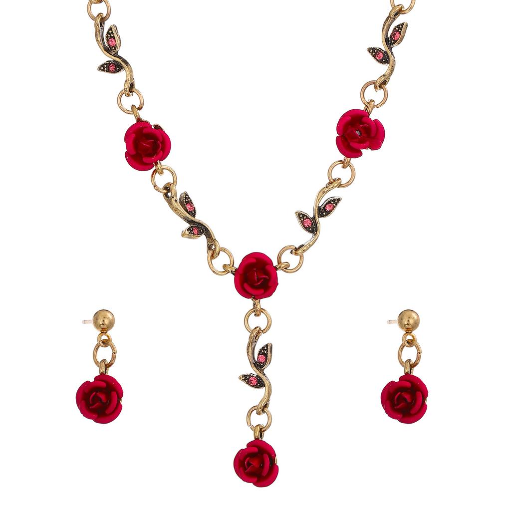 Vintage Gold Red Rose Jewelry Set, Floral Necklace, Bracelet & Drop Earrings for Women