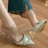 Fashion French High-Heeled Women'S 2025 Satin Rhinestone Toe Cap Slippers With Pointed Tips And Thin Heels, Stylish Small Single Shoes