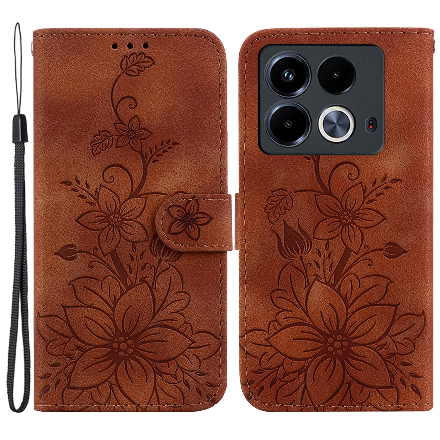 

For Infinix Note 40 Stand Case Lily Flower Imprint Anti-Drop Leather Phone Cover Brown