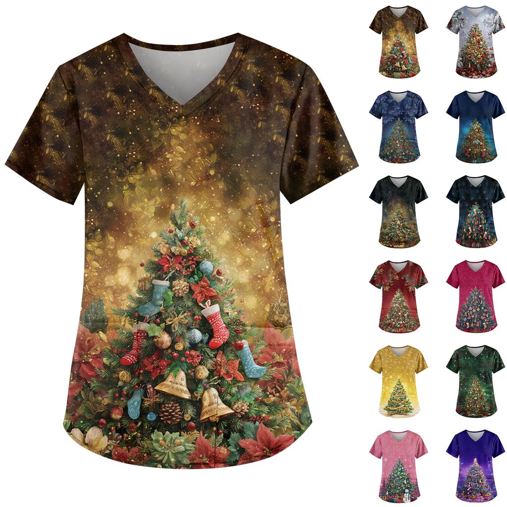 Ladies' Fashionable V-neck Pocket Short Sleeved Christmas Tree Printed Caregiver Uniform