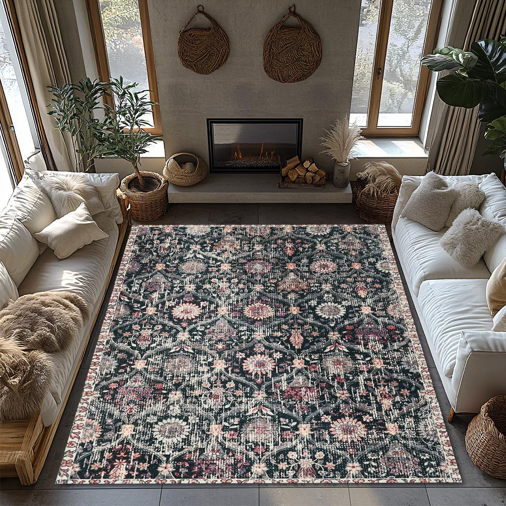 Navy Blue Floral Bohemian Rug, Purple Pink Pattern Non-Slip Carpet, Cozy Living Room Mat for Home Decor