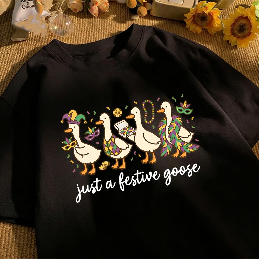 Just A Bestive Goose Print Unisex Basics T-Shirt Summer Loose Short Sleeve O-Neck Cotton Tee Fashion Unisex All-Match Clothing