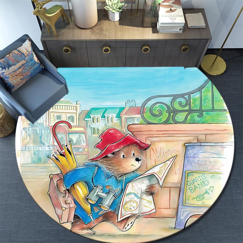 Paddington Bear Round Area Rug,Carpet Rug for Living Room Bedroom Sofa Playroom Decor,Non-slip Floor Mat