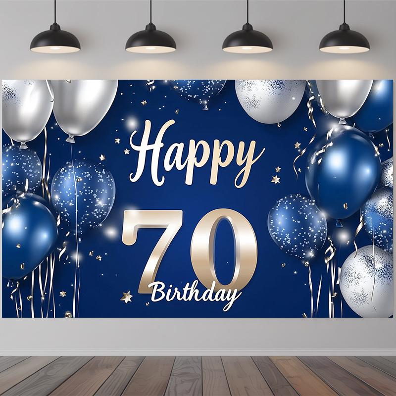 2D Flat - 1 Piece, a Festive 70th Birthday Banner, Made of Navy Blue and Gold Glittered Polyester