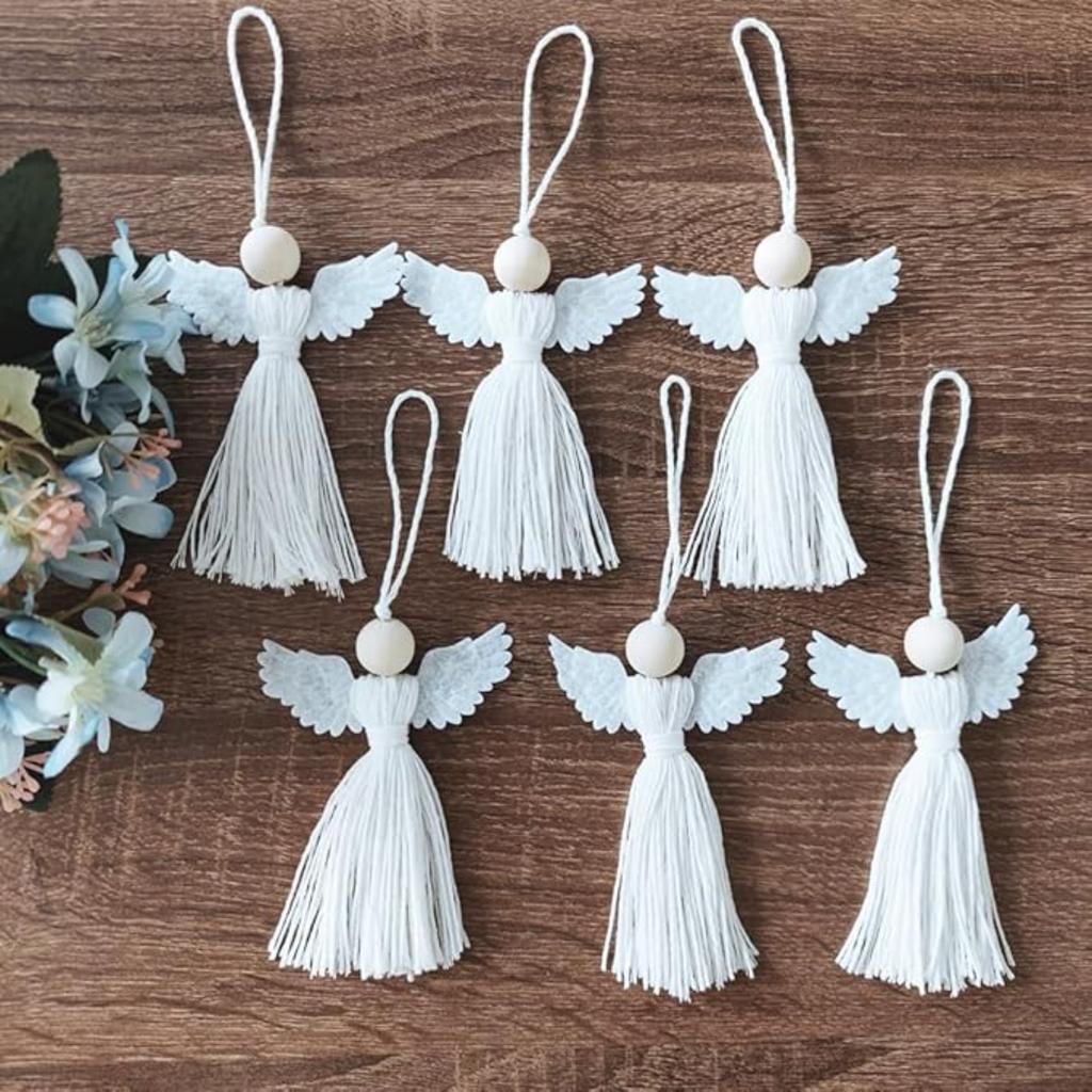 Set of 6 Angel Shape Hand Woven Pendant with Natural Wood Bead for Christmas Tree Party Hanging Ornament Home Decor Supplies