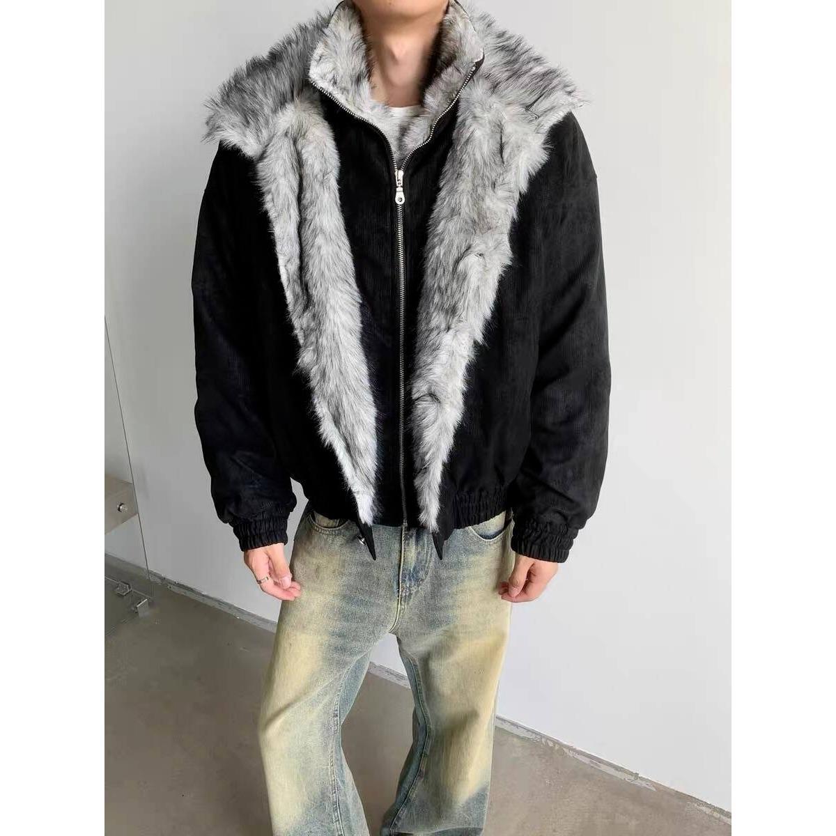 

American Retro Mountain Eagle Cotton Jacket with Fur Collar - Unisex 2XL чорний
