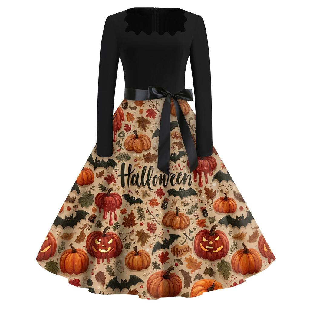 Halloween Print Flare Dress For Women Long Sleeve Dress Hollow Party Casual Dresses