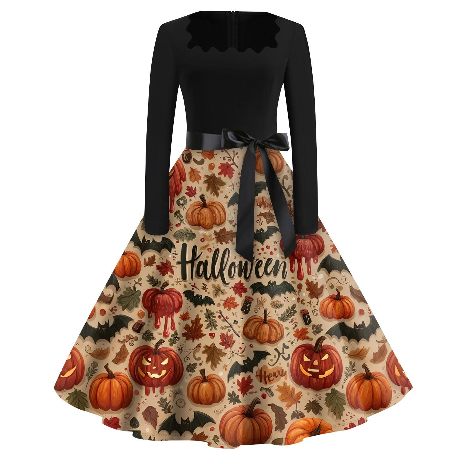 

Halloween Print Flare Dress For Women Long Sleeve Dress Hollow Party Casual Dresses M Кіновар