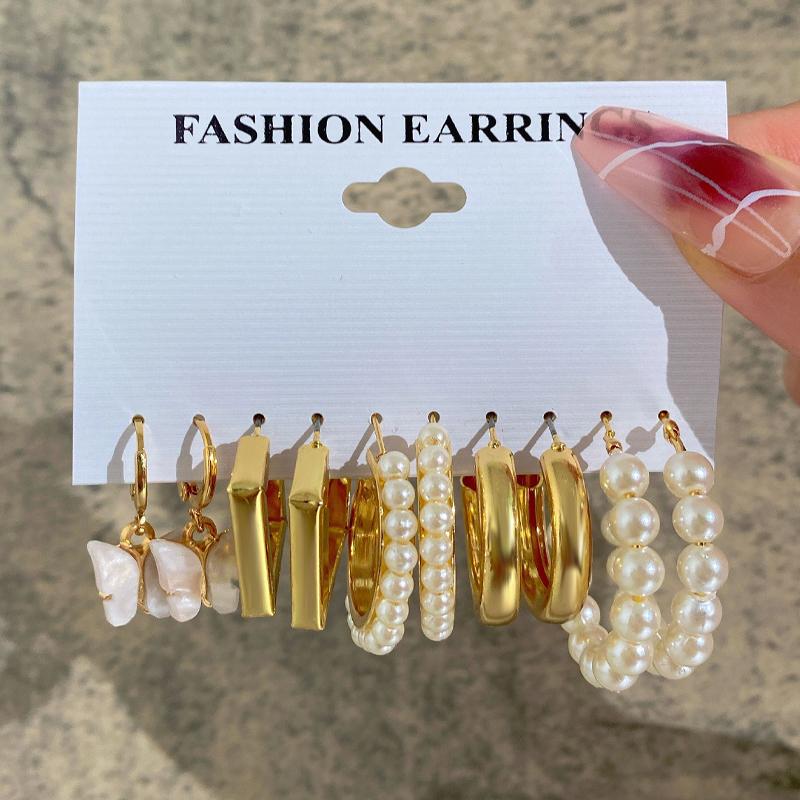 New Gold Color Big Circle Hoop Earring Set for Women Fashion Bohemia Vintage Pearl Earring Heart Zircon Ear Studs Jewelry Gifts