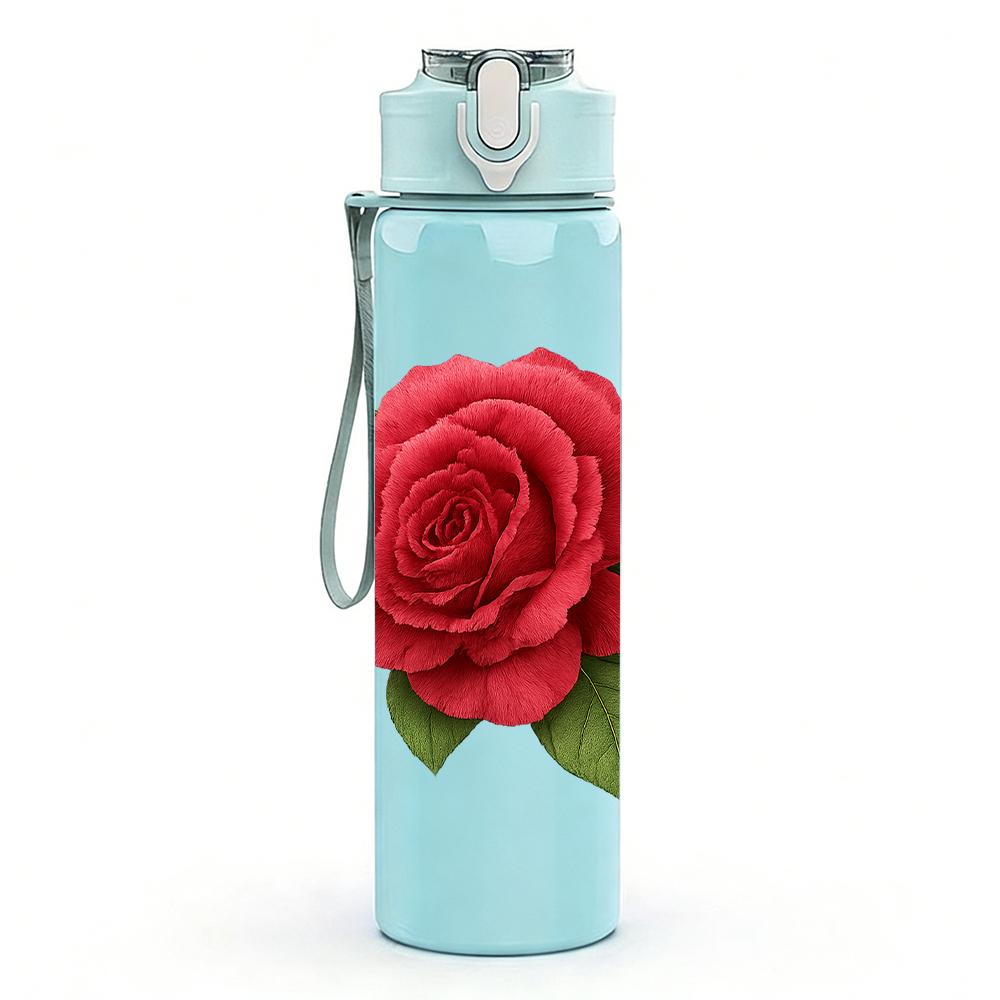 1PC Single Red Rose Bloom 750ml Color Plastic Sports Water Bottle Leakproof Flip Straw Lid For Sports Office Home Use