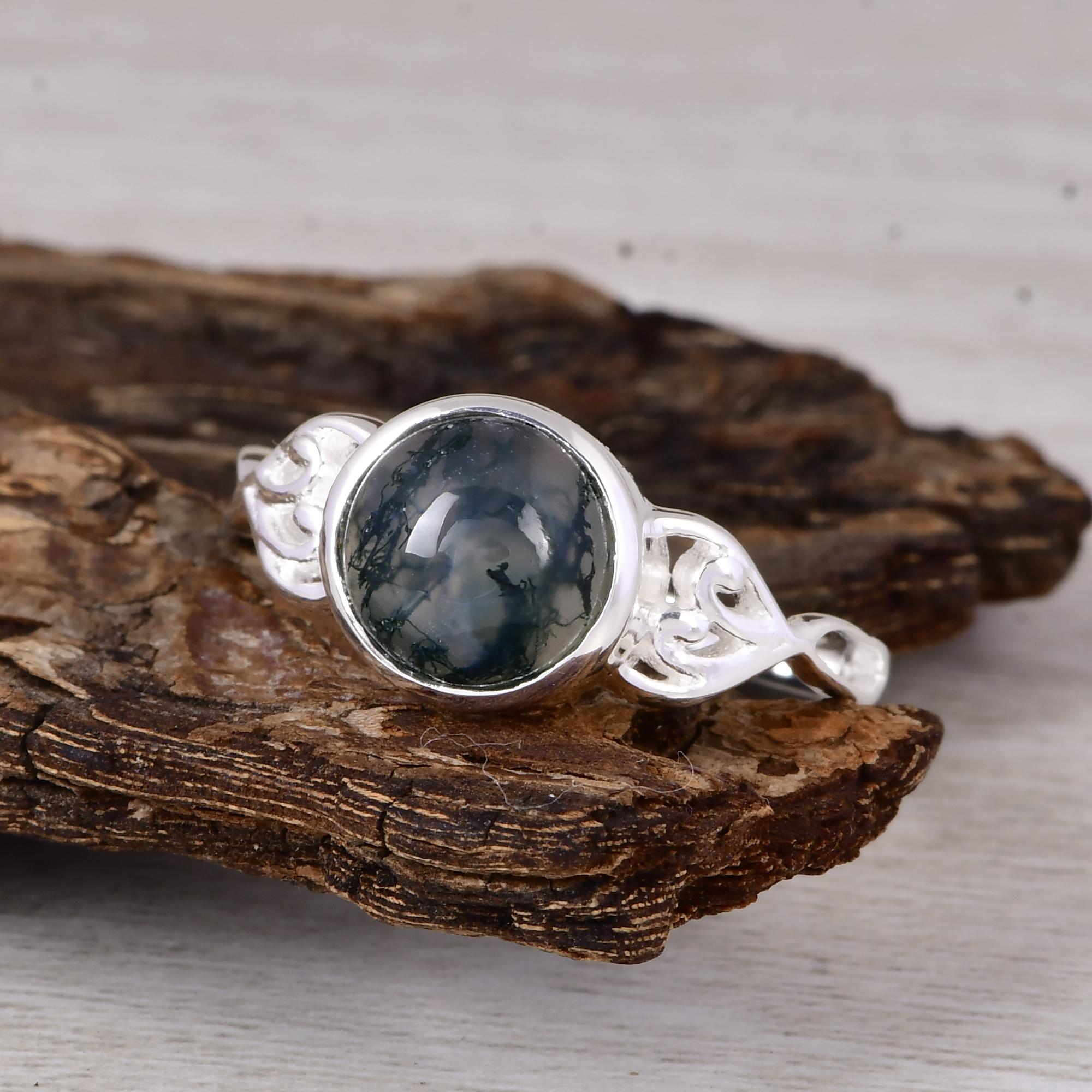 Natural Moss Agate Ring Round | Sterling Silver Dainty Ring | Green Gemstone Nature Inspired Jewelry | Minimalist Stackable Ring RAJR6181SLNM-SS_5