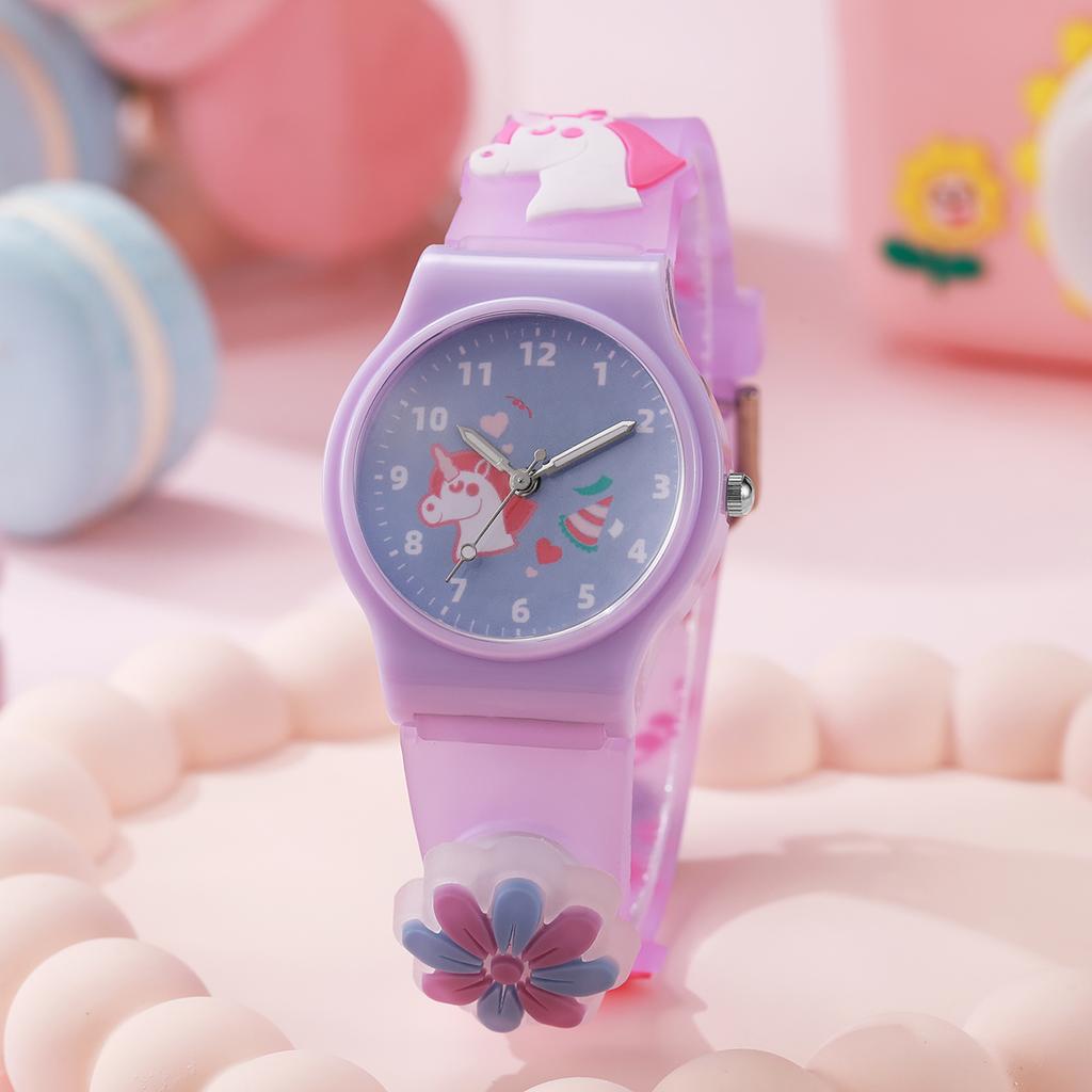 Novo estilo relógio de pulso de quartzo de desenho animado de festa de unicórnio para meninas, pulseira de silicone, relógio de quartzo bonito e colorido para estudantes