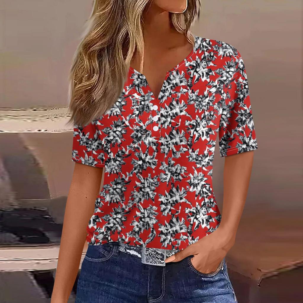 Dámské tričko Tričko Potisk knoflíku Krátký rukáv Denní víkend Móda Basic Top s výstřihem do V