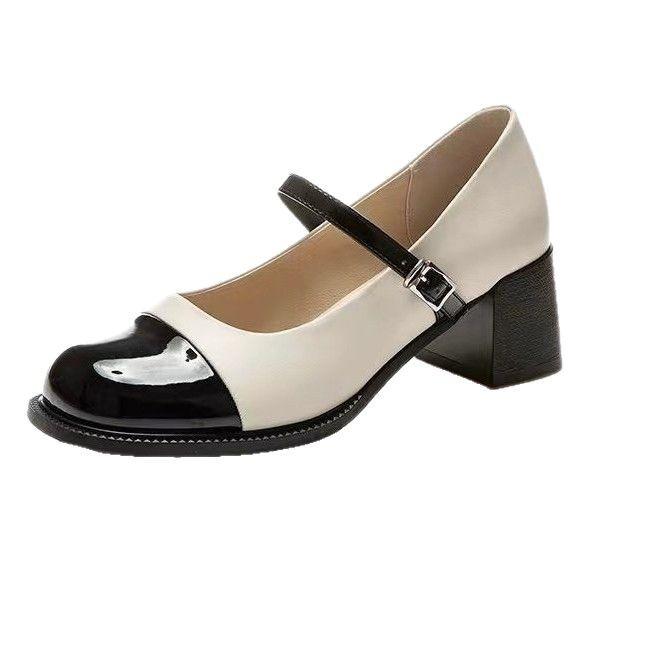 French color matching small fragrant style one-word single shoes women's 2025 spring new retro round head Mary Jane thick heel high heels