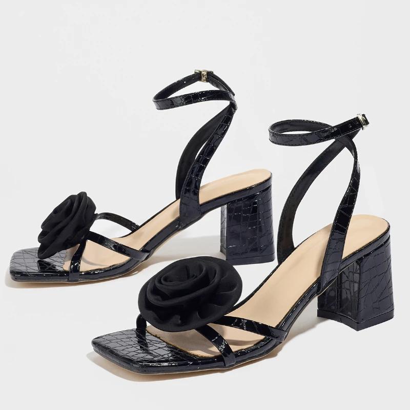 

Fashion Black Square Toe Flower High Heeled Sandals Women Fashion Ankle Strap Buckle Brand Designer Shoes Elegant Banquet Dress Shoes 43 чёрный