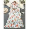 Stand Collar A- Line Printed Chiffon Pleated Elegance Dress