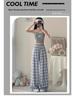 Women's Blue Ice Silk Plaid High-Waisted Wide-Leg Pants - Spring/Summer 2026 Collection