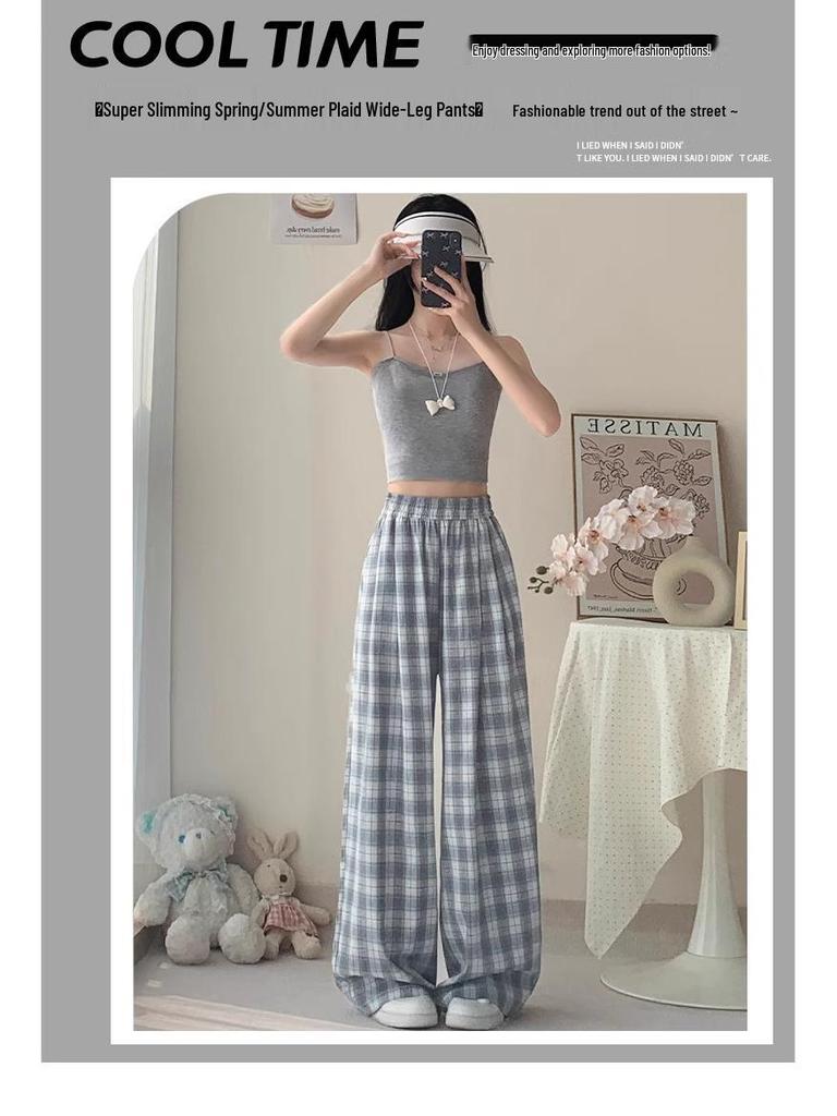 Women's Blue Ice Silk Plaid High-Waisted Wide-Leg Pants - Spring/Summer 2026 Collection