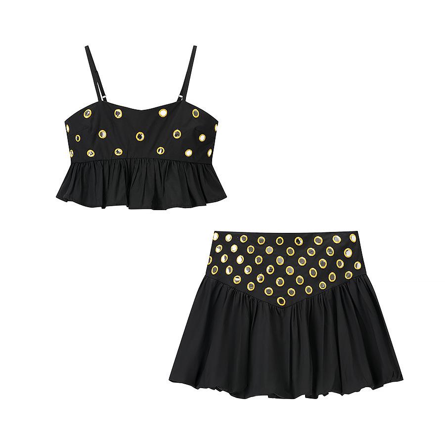Summer 2025 Women's European & American Fashion Pleated Hem Spaghetti Strap Dress Set