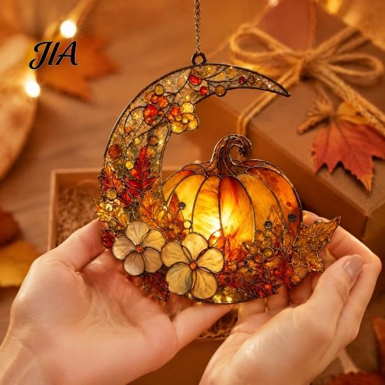 Romantic Autumn Home Wall Decor Stained Glass Pumpkin Moon Suncatcher, Acrylic Crescent Window Hanging with Halloween Thanksgiving Decorative Ornament