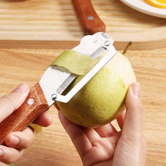 Škrabka na zeleninu s dřevěnou rukojetí Nerezová čepel 2v1 Škrabka na ovoce a otvírák na lahve na brambory Mrkev Citrusy Rychlý nástroj na loupání