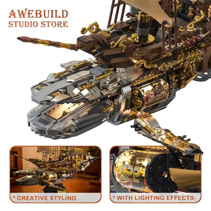 Vintage Steampunk Mecha Whale Ship Building Blocks 1979pcs Retro Steam Boat MOC Bricks Toys Sci-Fi Sailboat Model Birthday Gifts