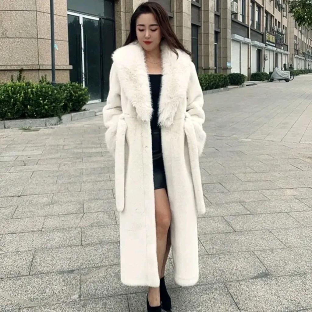 Fur Collar Lace-up Imitation Cashmere Jacket Women's Autumn and Winter High-end Mid-length Thickened Jacket Coat