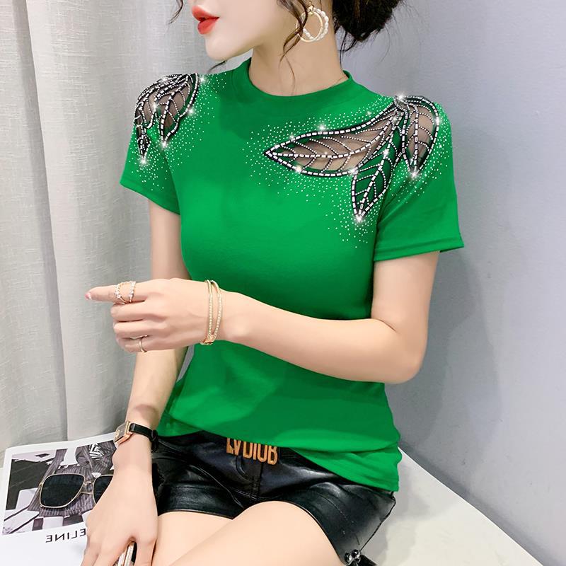 2024 Women's Slim Fit Lace Hollow Diamond Tee - Short-Sleeved, Round Neck Fashion for Spring/Summer