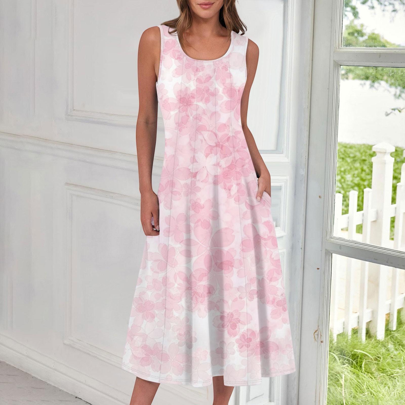 

Women s Casual Fashion Floral Print Round Neck Sleeveless Midi Dress XXL рожевий