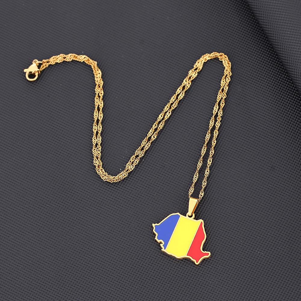 Romanian Stainless Steel Map Necklace – Ethnic Geometric Pendant Clavicle Chain for Women