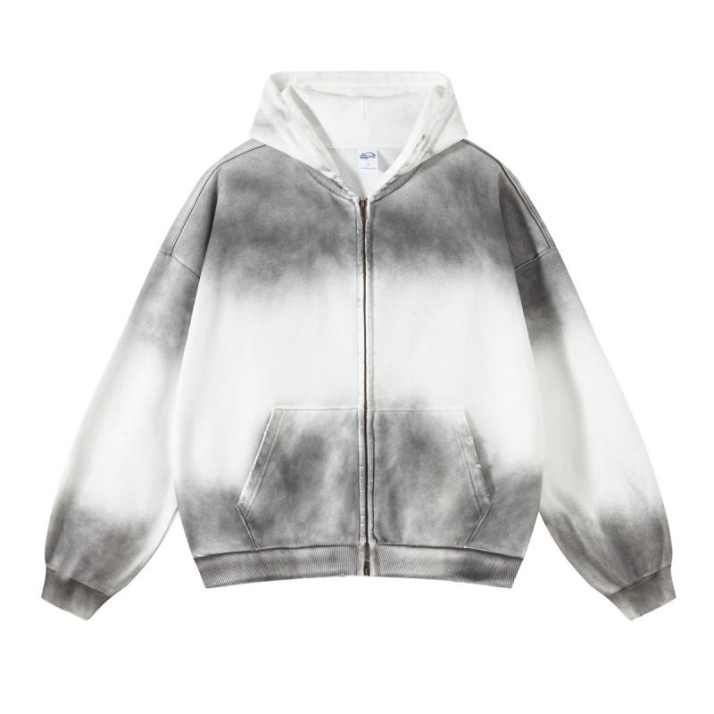 Oversized Cotton Hoodie With Dual Zipper Washed Vintage Gradient Print Unisex Streetwear Sweatshirt Fall