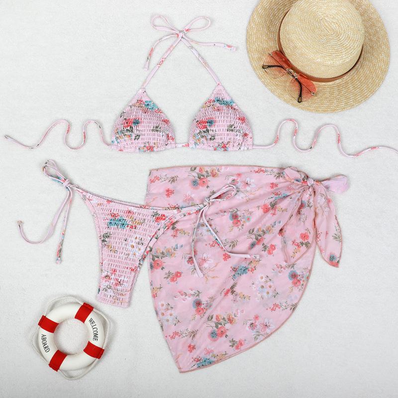 TS JYL-BK045 Mesh Skirt Three-Piece Bikini, Print Triangle Slim Swimwear For Vacation