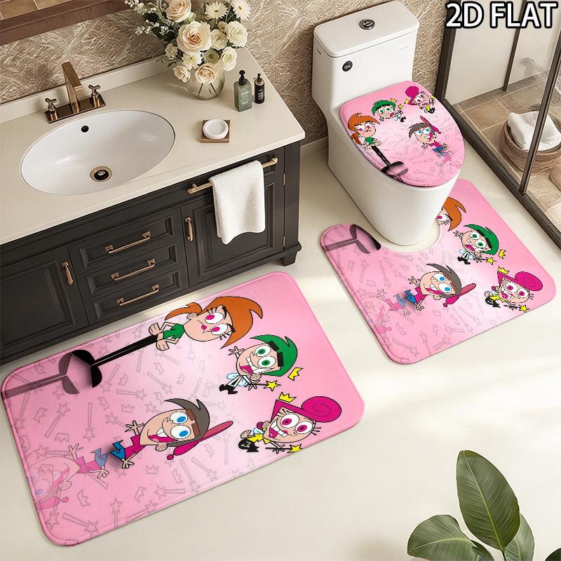 3pcs The Fairly OddParents Pattern Flannel Nonslip Absorbent Washable Decorative Bathroom Home Toilet Seat Cover Mat